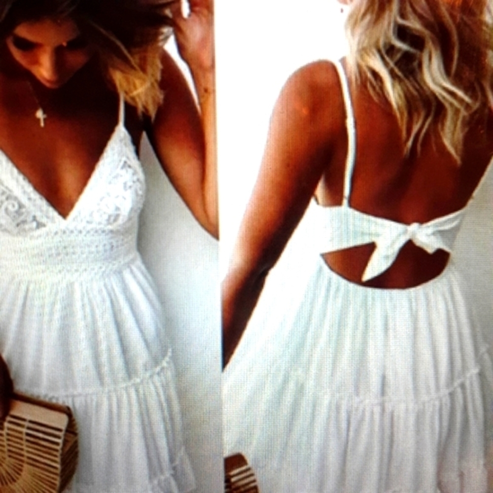 WHITE Boho Dress Embroided Crocheted Backless Ruffled
